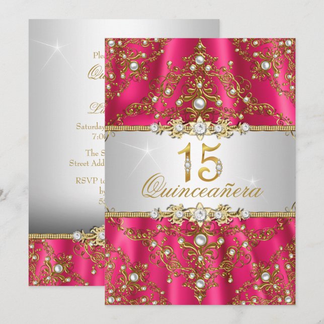 Elégant Gold Pearl Damask Quinceanera Invitation (Devant / Derrière)