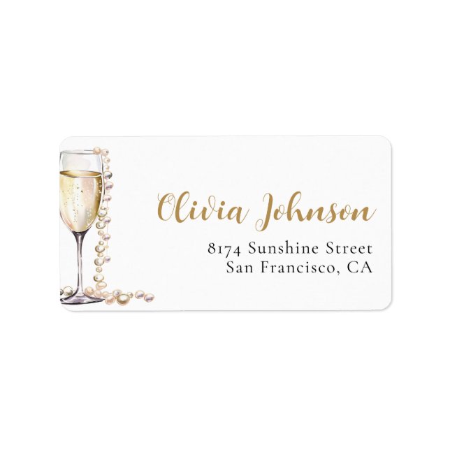 Elegant Gold Pearls and Prosecco Address Labels (Front)