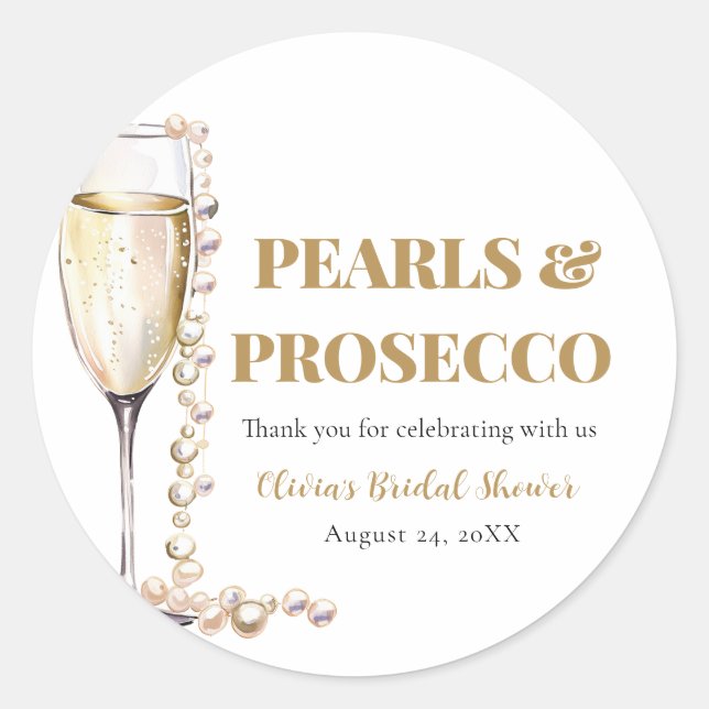 Elegant Gold Pearls and Prosecco Bridal Shower Classic Round Sticker (Front)