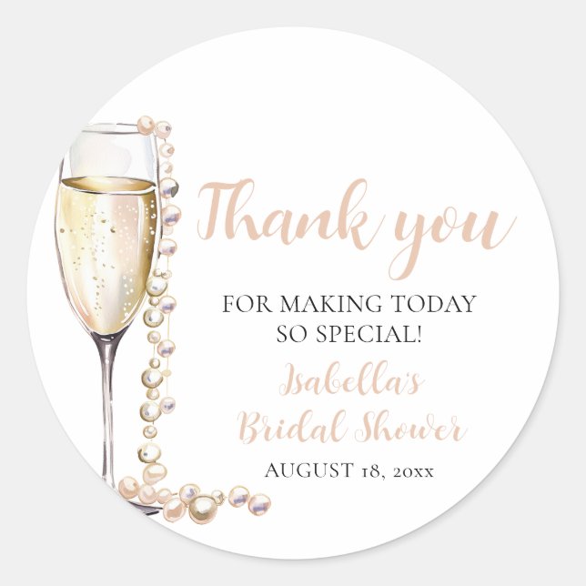Elegant Gold Pearls and Prosecco Bridal Shower Classic Round Sticker (Front)