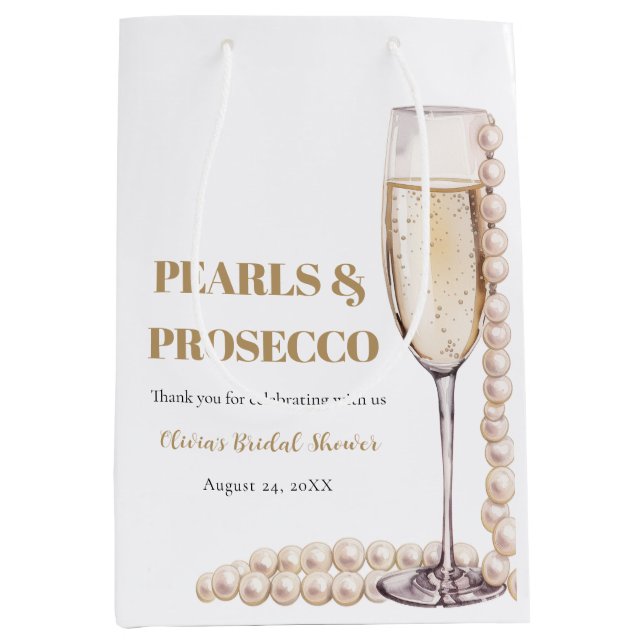 Elegant Gold Pearls and Prosecco Bridal Shower Medium Gift Bag (Front)