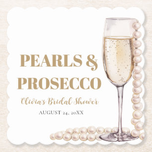 Elegant Gold Pearls and Prosecco Bridal Shower Paper Coaster