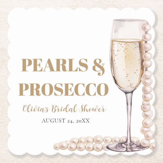 Elegant Gold Pearls and Prosecco Bridal Shower Paper Coaster (Front)