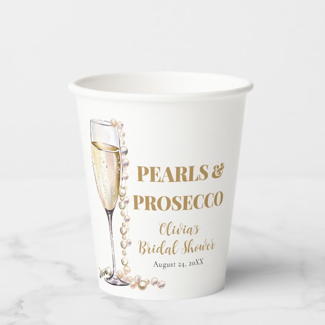 Elegant Gold Pearls and Prosecco Bridal Shower Paper Cups (Front)