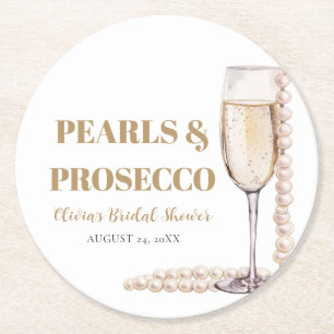 Elegant Gold Pearls and Prosecco Bridal Shower Round Paper Coaster