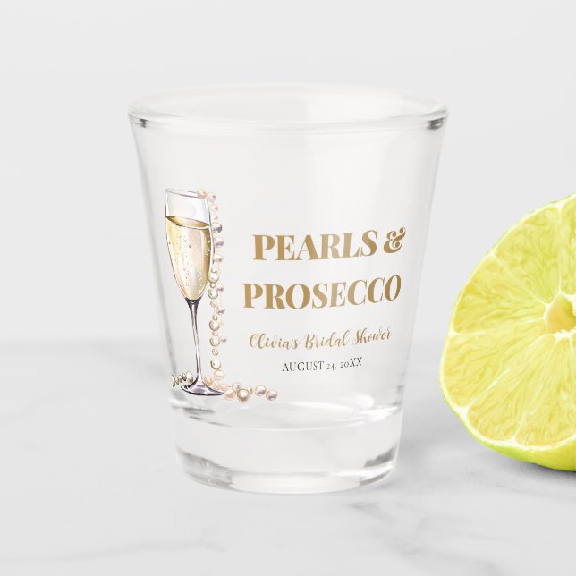 Elegant Gold Pearls and Prosecco Bridal Shower Shot Glass (Front)