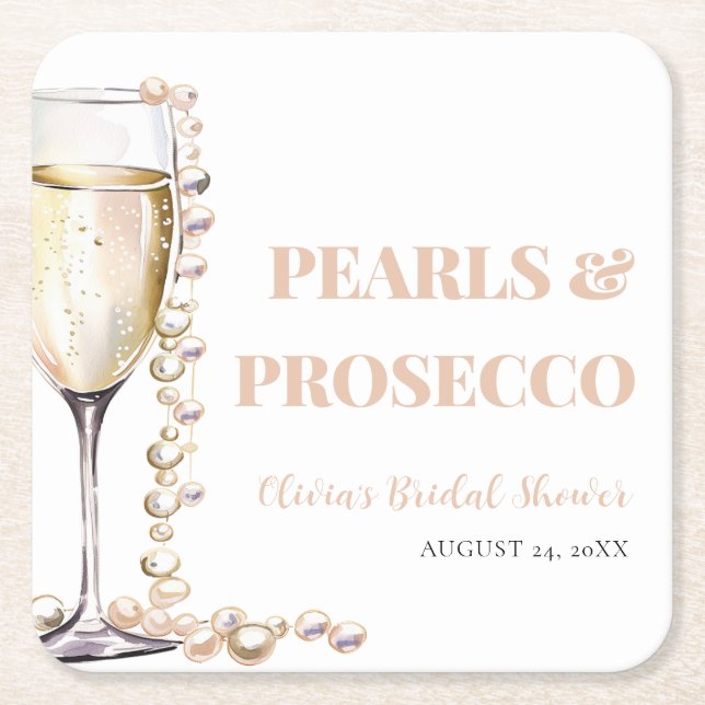 Elegant Gold Pearls and Prosecco Bridal Shower Square Paper Coaster (Front)