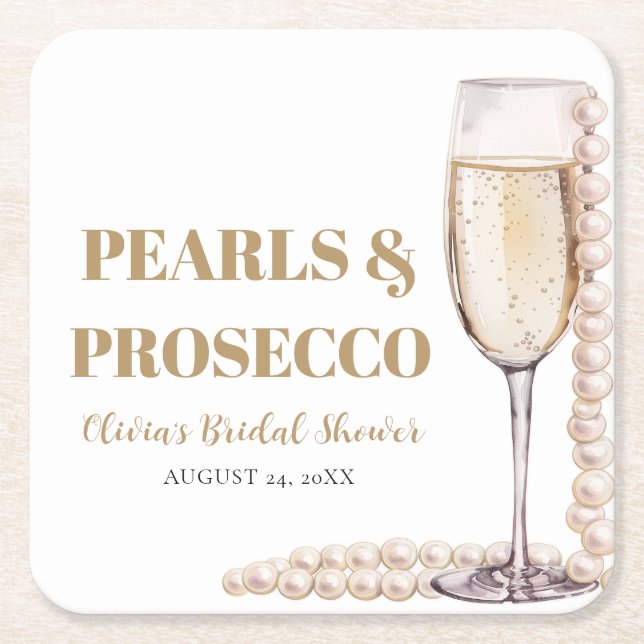 Elegant Gold Pearls and Prosecco Bridal Shower Square Paper Coaster (Front)