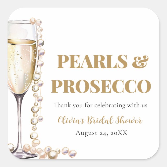 Elegant Gold Pearls and Prosecco Bridal Shower Square Sticker (Front)