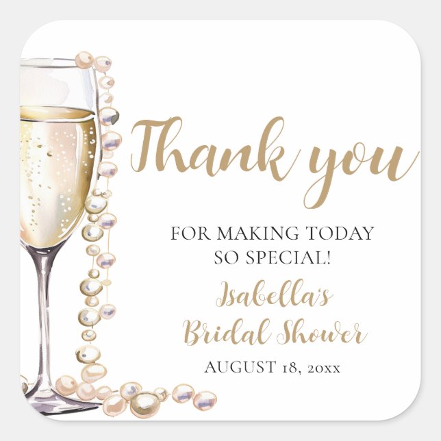Elegant Gold Pearls and Prosecco Bridal Shower Square Sticker (Front)