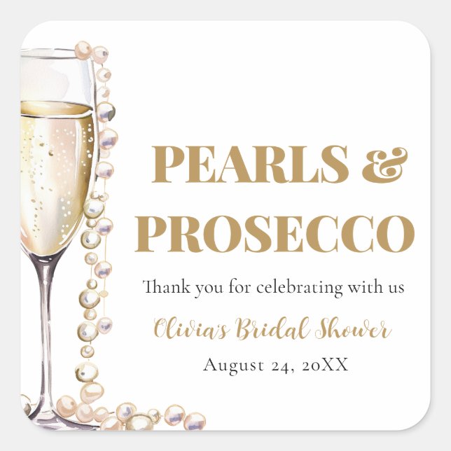 Elegant Gold Pearls and Prosecco Bridal Shower Square Sticker (Front)