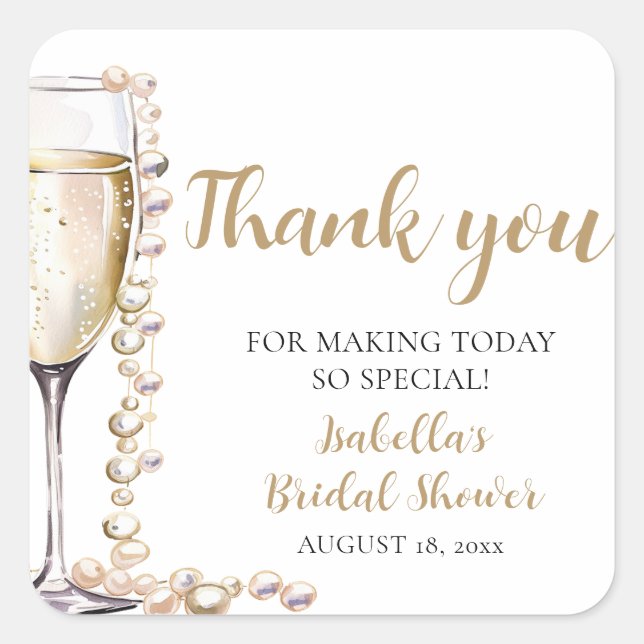 Elegant Gold Pearls and Prosecco Bridal Shower Square Sticker (Front)