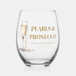 Elegant Gold Pearls and Prosecco Bridal Shower Stemless Wine Glass<br><div class="desc">Celebrate the union of love and elegance at your bridal shower with our Elegant Gold Pearls and Prosecco Stemless Wine Glasses. Each glass is adorned with shimmering gold accents and delicate pearls, creating a stunning visual masterpiece that reflects the sophistication of your celebration. Perfect for serving your favourite wines or...</div>