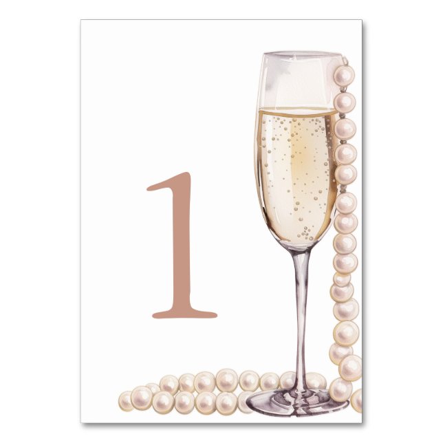 Elegant Gold Pearls and Prosecco Bridal Shower Table Number (Front)