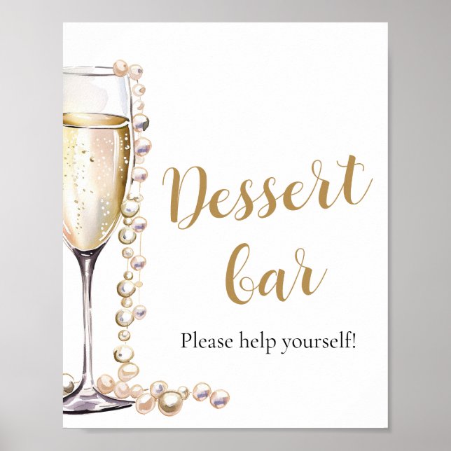 Elegant Gold Pearls and Prosecco Dessert Bar Sign (Front)