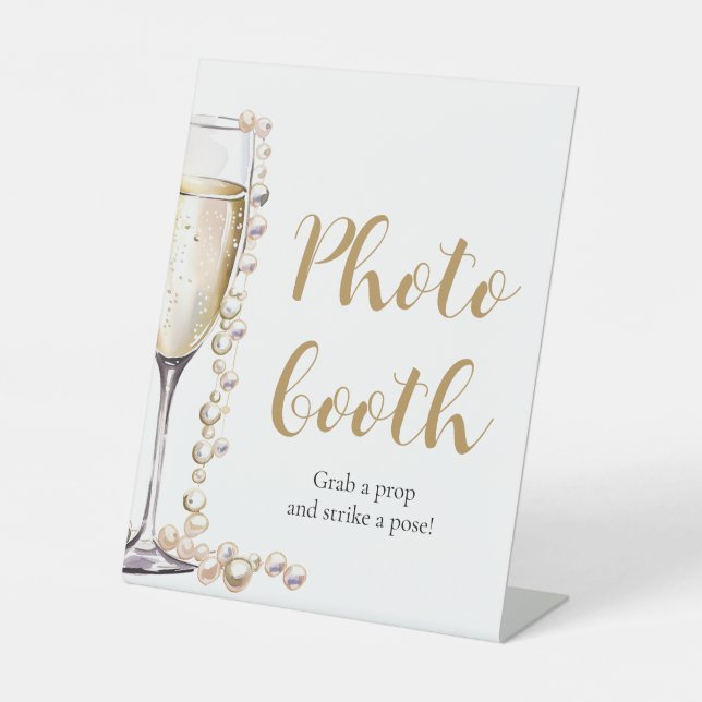 Elegant Gold Pearls and Prosecco Photo Booth Sign (Front)