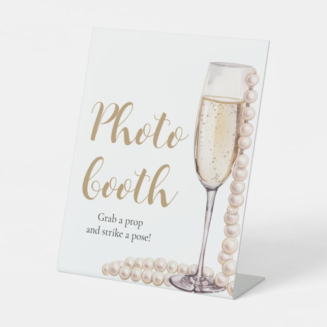 Elegant Gold Pearls and Prosecco Photo Booth Sign (Front)