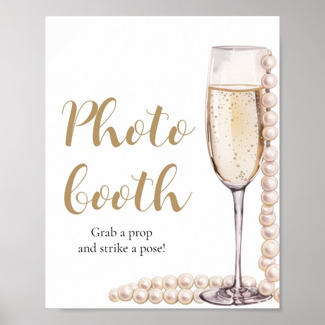 Elegant Gold Pearls and Prosecco Photo Booth Sign (Front)