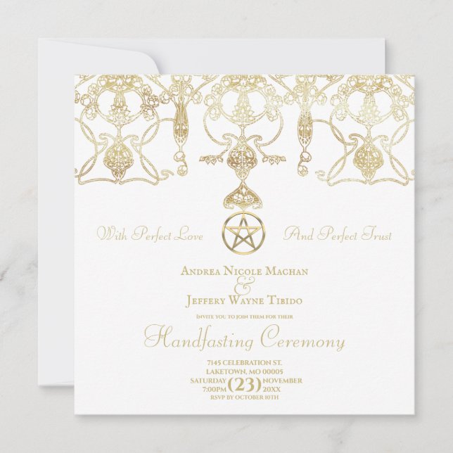 Elegant Gold Pentacle Handfasting Invitation (Front)