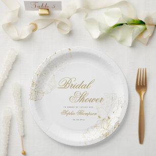 Elegant Gold Peonies Floral Sketch Bridal Shower Paper Plate