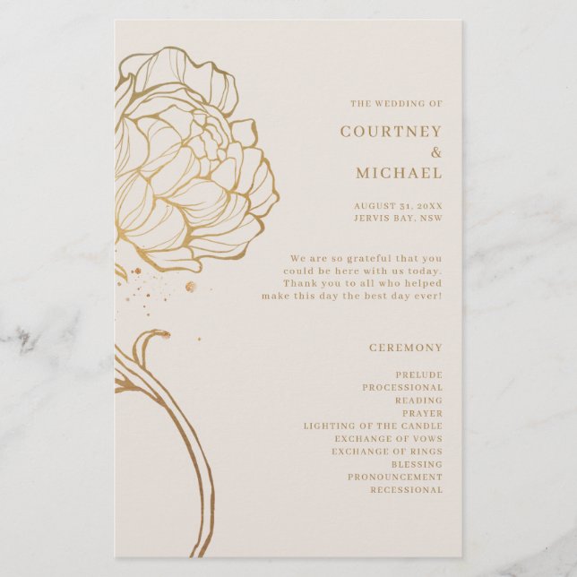 Elegant gold peony line art Ceremony Program (Front)