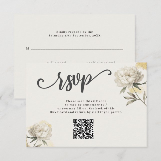 Elegant Gold Peony QR Code Mariage Carte RSVP (Devant / Derrière)