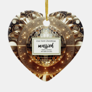 Elegant Gold Personalized First Christmas Newlywed Ceramic Ornament
