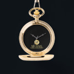Elegant Gold Personalized Groomsmen Watch<br><div class="desc">Add a personal touch to your wedding with personalized groomsmen gift This gift features black monogram in gold circle element with name and title in gold classic serif font style on black background. Also perfect for best man, father of the bride and more. Please Note : The foil details are...</div>