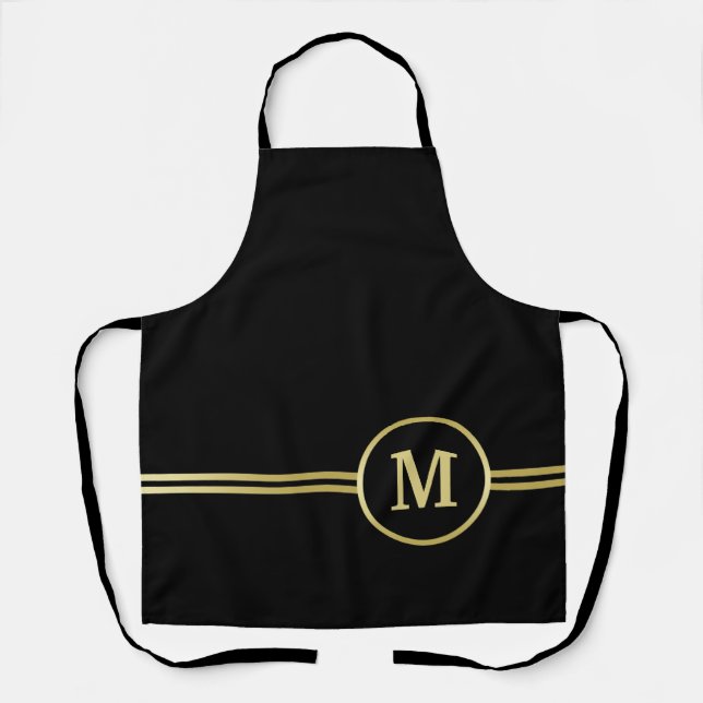 Elegant gold Personalized  Monogram on black  Apron (Front)