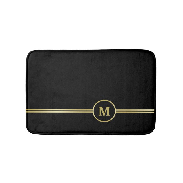 Elegant gold Personalized  Monogram on black Bath Mat (Front)