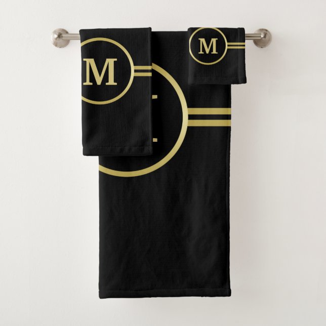Elegant gold Personalized  Monogram on black  Bath Towel Set (Insitu)