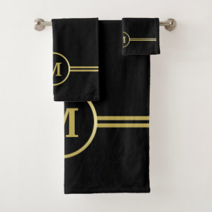 Elegant gold Personalized Monogram on black Bath Towel Set