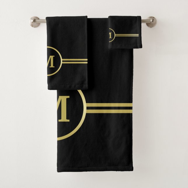 Elegant gold Personalized  Monogram on black  Bath Towel Set (Insitu)