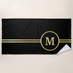 Elegant gold Personalized  Monogram on black  Beach Towel