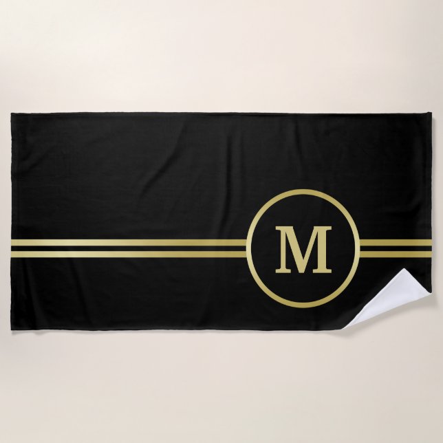 Elegant gold Personalized  Monogram on black  Beach Towel (Front)