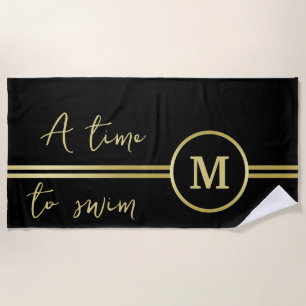 Elegant gold Personalized Monogram on black Beach Towel