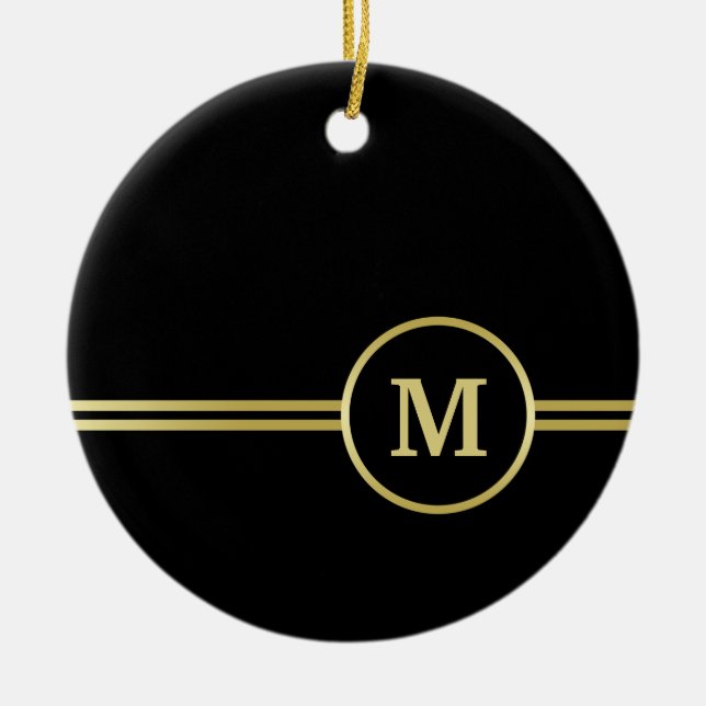 Elegant gold Personalized  Monogram on black  Ceramic Ornament (Front)