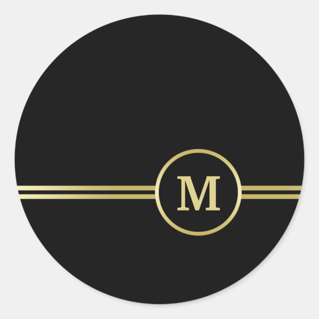 Elegant gold Personalized  Monogram on black  Classic Round Sticker (Front)