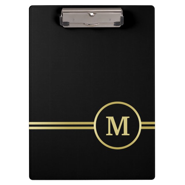 Elegant gold Personalized  Monogram on black  Clipboard (Front)