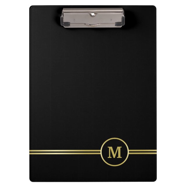 Elegant gold Personalized  Monogram on black  Clipboard (Front)