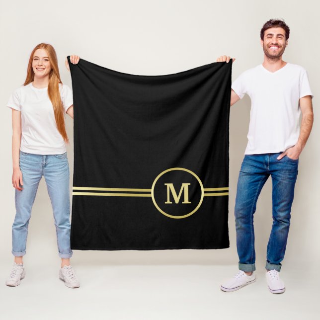 Elegant gold Personalized  Monogram on black  Fleece Blanket (In Situ)