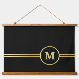 Elegant gold Personalized  Monogram on black  Hanging Tapestry