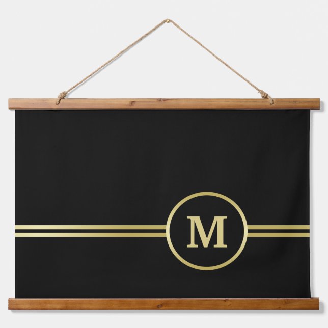 Elegant gold Personalized  Monogram on black  Hanging Tapestry (Front)