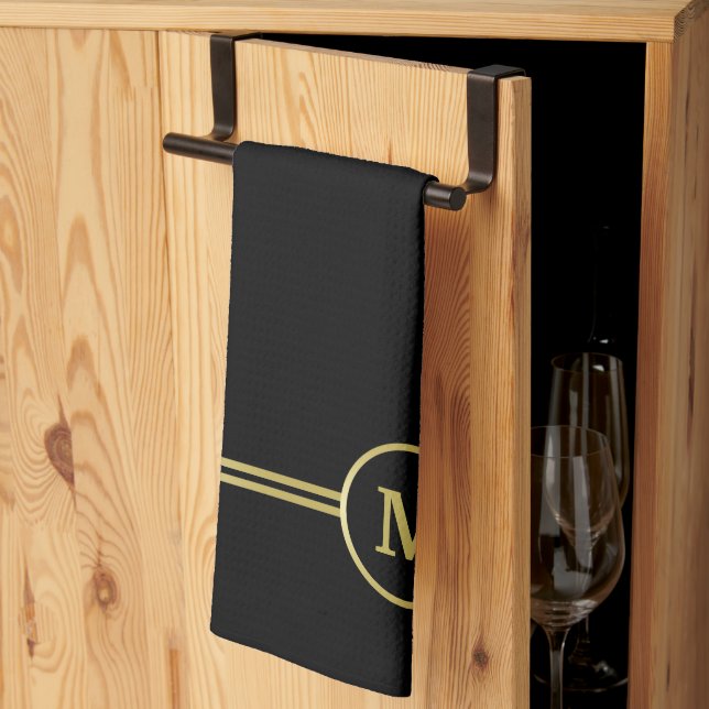 Elegant gold Personalized  Monogram on black  Kitchen Towel (Thirds Fold)