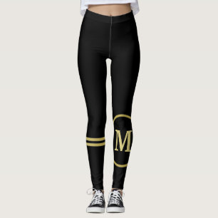 Elegant gold Personalized Monogram on black Leggings