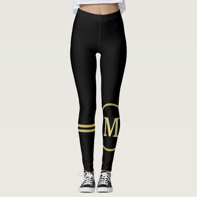 Elegant gold Personalized  Monogram on black  Leggings (Front)