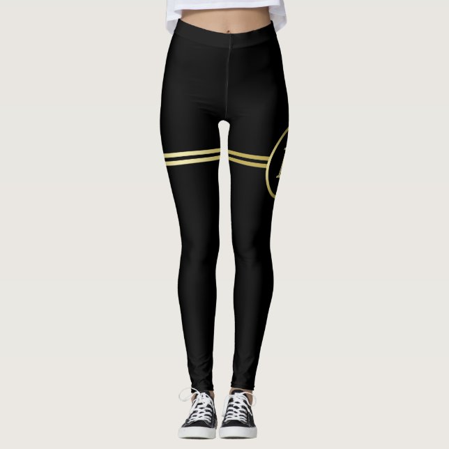 Elegant gold Personalized  Monogram on black  Leggings (Front)
