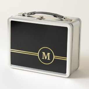Elegant gold Personalized Monogram on black Metal Lunch Box