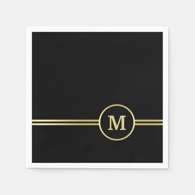 Elegant gold Personalized  Monogram on black  Napkin (Front)