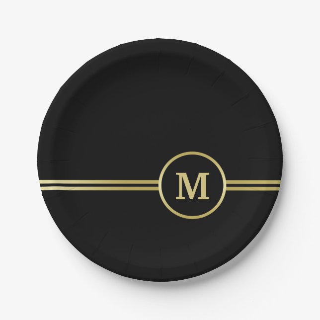 Elegant gold Personalized  Monogram on black  Paper Plate (Front)